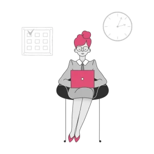 Illustration von Frau in Businesskleidung mit Notebook auf Schoß, sitzt vor Uhr und Checkliste
