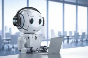 Ein Roboter mit einem Headset vor einem geöffneten Notebook repräsentiert einen Chatbot