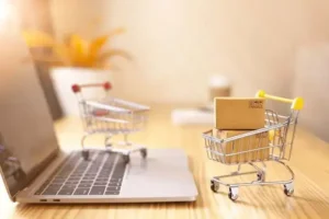 Zwei Miniatur-Einkaufswagen neben einem Notebook zum Thema WooCommerce