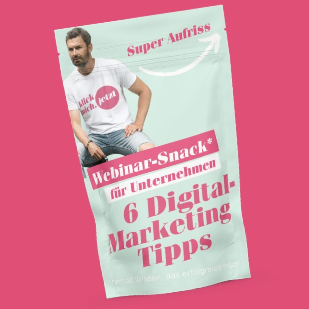 Snackpackung mit Aufdruck - 6 Digital-Marketing Tipps. Webinar-Snack für Unternehmen
