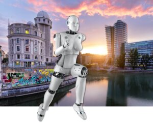 Collage von einem Roboter, der entlang des Donaukanals läuft, als Symbol für den Experiencerun